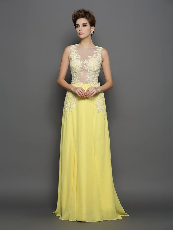 Vestido de noche de graduación de gasa largo sin mangas con encaje y escote redondo de corte A/princesa