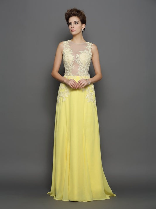 Vestido de noche de graduación de gasa largo sin mangas con encaje y escote redondo de corte A/princesa