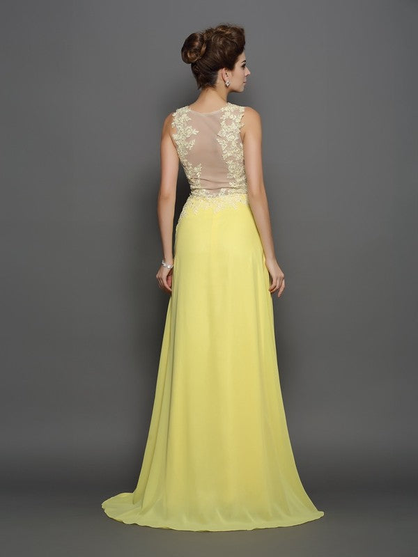 Vestido de noche de graduación de gasa largo sin mangas con encaje y escote redondo de corte A/princesa