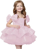 Sparkly Sequin Puffy Flower Dresses Short Girls A Line Princess Bow Knot Birthday Party Dress