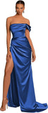 One Shoulder Mermaid Bridesmaid Dresses with Slit 2025 Pleats Satin Formal Evening Gowns for Women