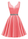 Satin Glitter Homecoming Dresses for Teens Short Prom Dress V-Neck Beaded Evening Formal Cocktail Party Gowns