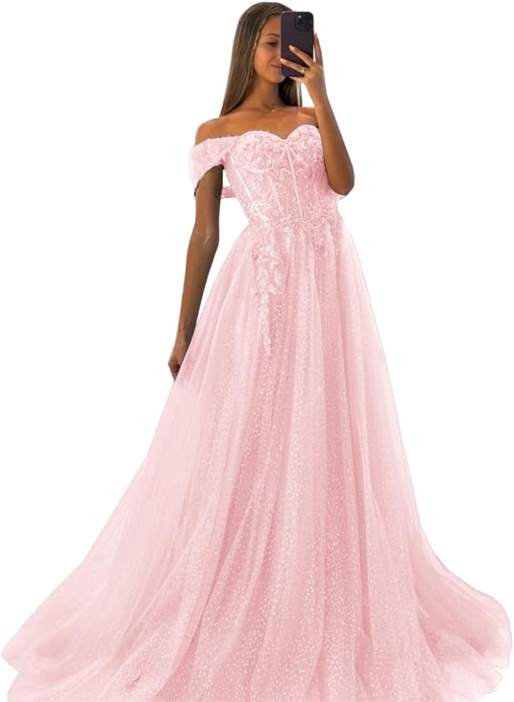 Off The Shoulder Tulle Prom Dresses 2027 Lace Applique A Line Long Sparkly Formal Evening Party Gowns