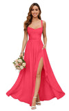 Chiffon Bridesmaid Dresses for Women Long Spaghetti Straps A-line Pleated Formal Evening Party Gowns with Pockets