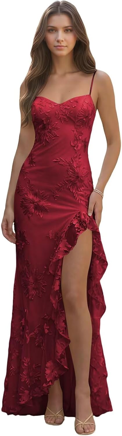 Spaghetti Straps Floral Embroidery Mermaid Prom Dress 2026 Long Corset Formal Evening Gowns with Ruffle Slit
