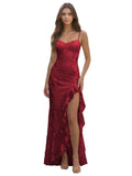 Spaghetti Straps Floral Embroidery Mermaid Prom Dress 2026 Long Corset Formal Evening Gowns with Ruffle Slit