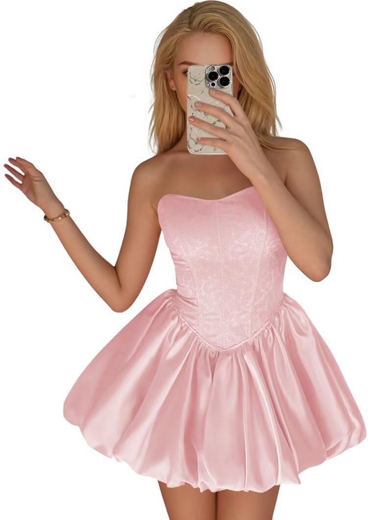 Strapless Satin Homecoming Dresses for Teens Jacquard Short Prom Dress A-line Cocktail Party Gowns with Pockets