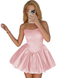 Strapless Satin Homecoming Dresses for Teens Jacquard Short Prom Dress A-line Cocktail Party Gowns with Pockets