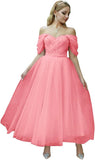 Tulle Tea Length Prom Dresses for Women Off The Shoulder Ball Gowns Teens Sweetheart Beaded Puffy Princess Dress