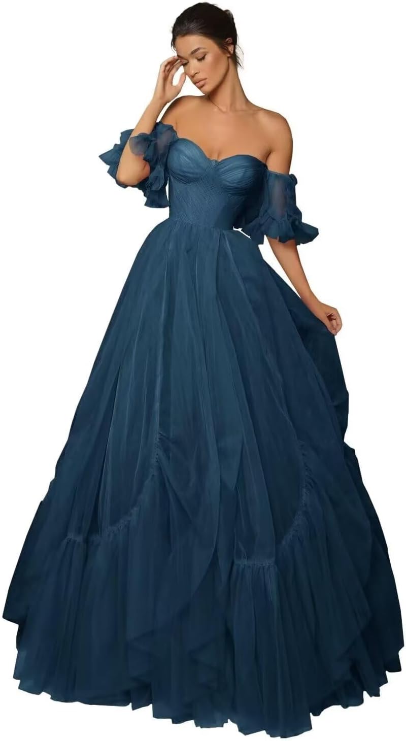 A-line Ruffled Short Sleeve Tulle Prom Dress for Women, Sweetheart Formal Gown Off The Shoulder Long Party Dress
