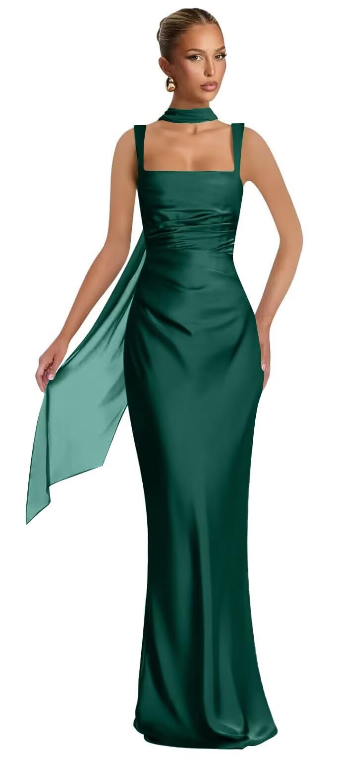 Mermaid Bridesmaid Dresses with Scarf 2027 Long Satin Spaghetti Straps Ruched Formal Evening Party Dress for Women