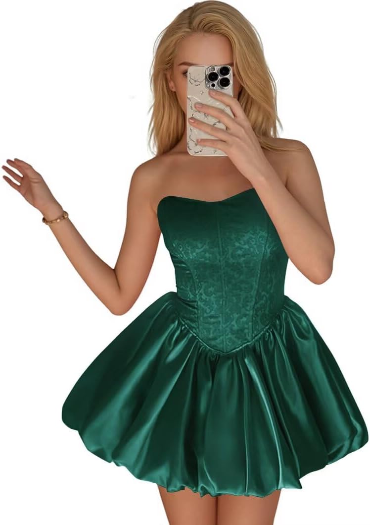 Strapless Satin Homecoming Dresses for Teens Jacquard Short Prom Dress A-line Cocktail Party Gowns with Pockets