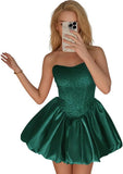 Strapless Satin Homecoming Dresses for Teens Jacquard Short Prom Dress A-line Cocktail Party Gowns with Pockets