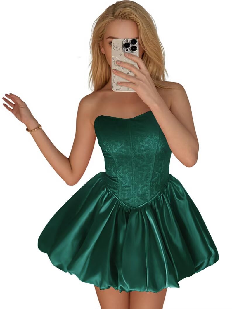 Strapless Satin Homecoming Dresses for Teens Jacquard Short Prom Dress A-line Cocktail Party Gowns with Pockets