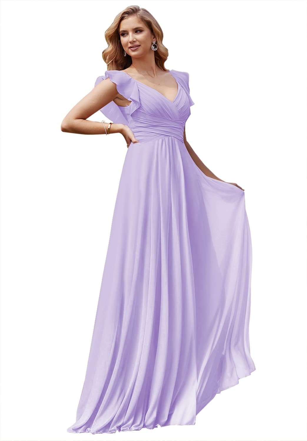 Women's V Neck Ruffle Chiffon Bridesmaid Dresses Long with Pockets Ruched Formal Dresses