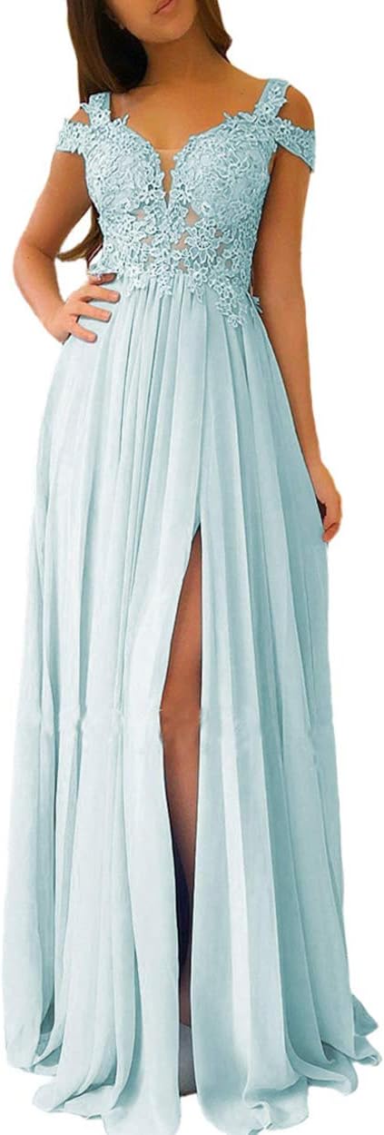 Women's Lace Appliques Prom Dresses Long with Slit Cold Shoulder Formal Party Gown