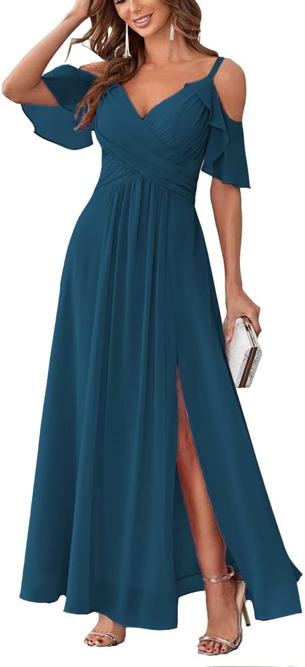 Women's Cold Shoulder Bridesmaid Dresses Long Summer Side Slit Chiffon Formal Evening Gown with Pockets
