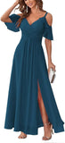 Women's Cold Shoulder Bridesmaid Dresses Long Summer Side Slit Chiffon Formal Evening Gown with Pockets
