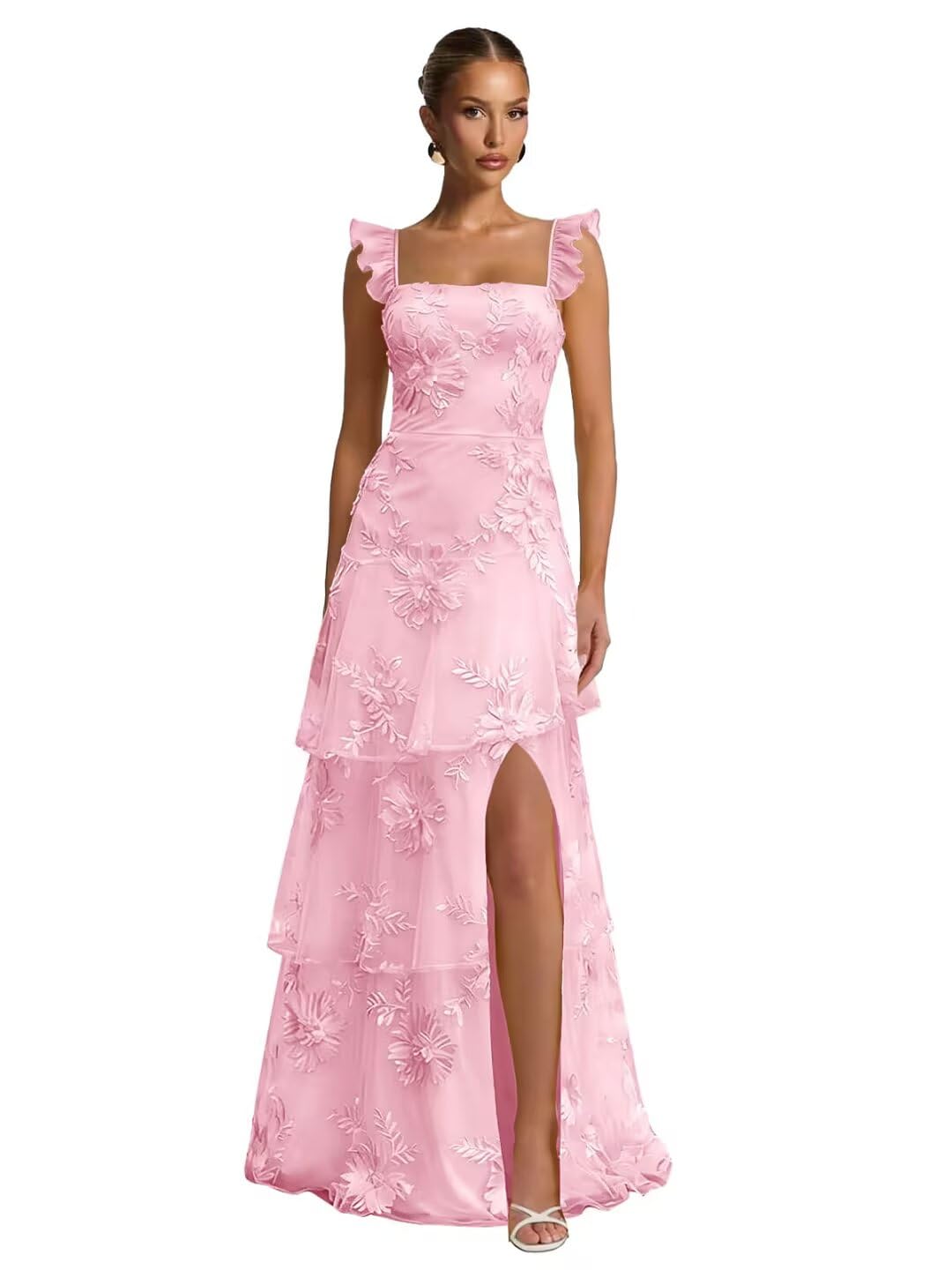 Tiered Tulle Prom Dresses for Women Long Spaghetti Straps Floral Formal Dress with Slit