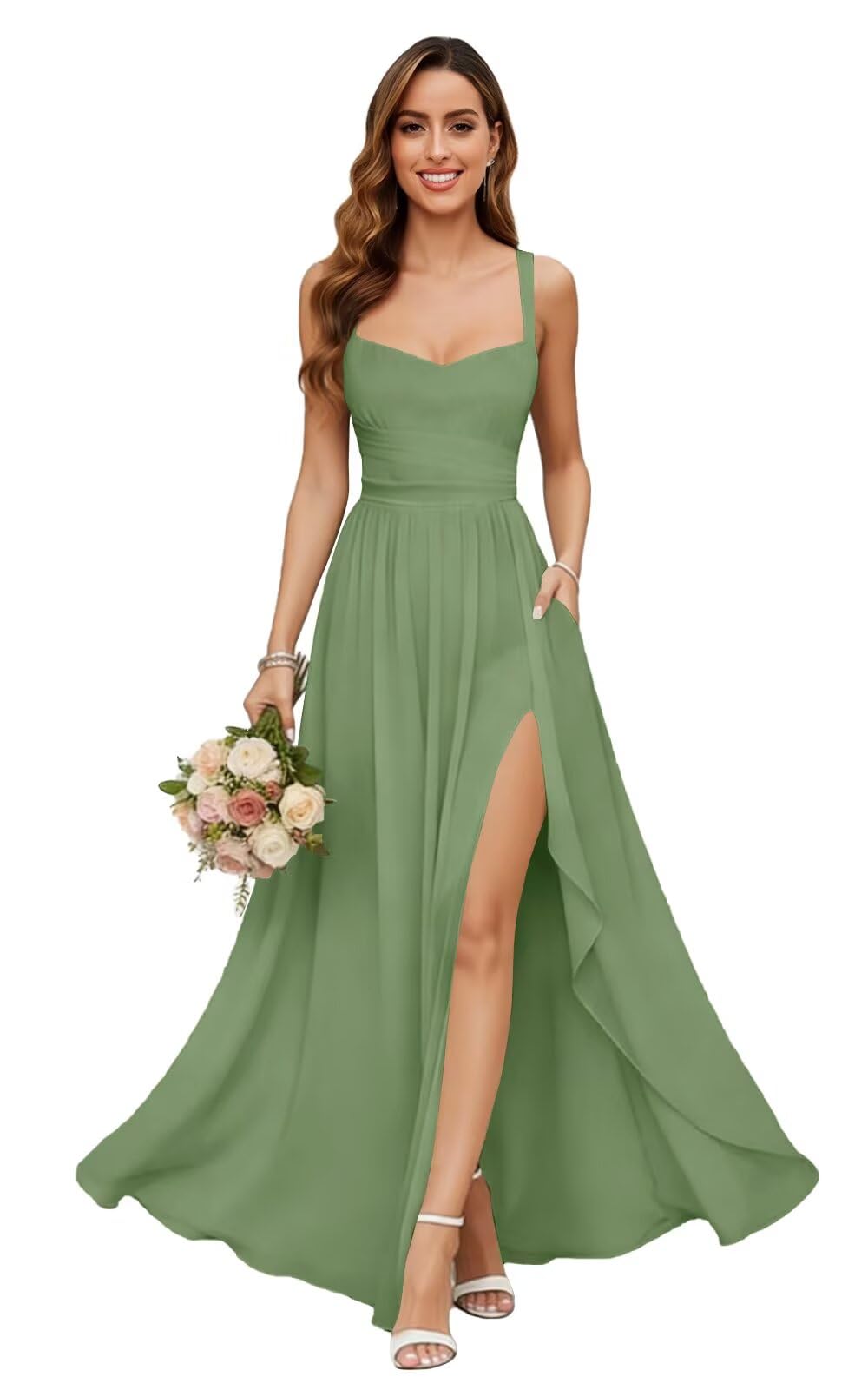Chiffon Bridesmaid Dresses for Women Long Spaghetti Straps A-line Pleated Formal Evening Party Gowns with Pockets
