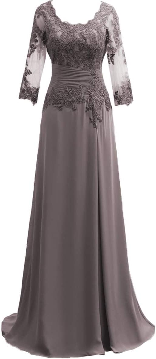 Women's Lace Appliqued Mother of The Bride Dresses 3/4 Sleeves Scoop Long Formal Evening Dress