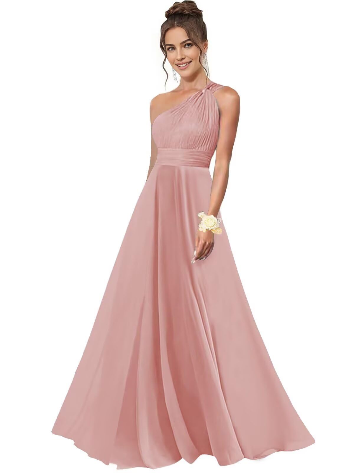 One Shoulder Bridesmaid Dresses for Women Chiffon A Line Pleated Long Formal Gowns with Pockets