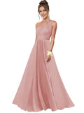 One Shoulder Bridesmaid Dresses for Women Chiffon A Line Pleated Long Formal Gowns with Pockets