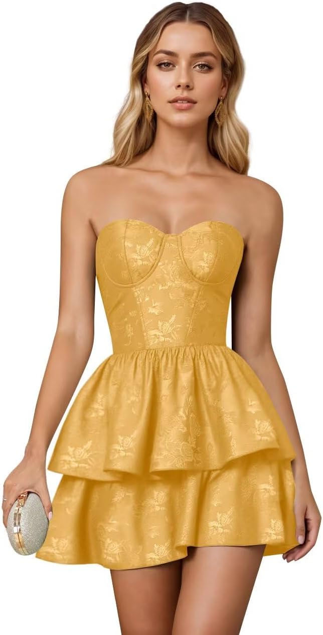 Jacquard Satin Homecoming Dresses 2027 Tiered Layed Aline Strapless Formal Cocktail Party Cute Mini Gown