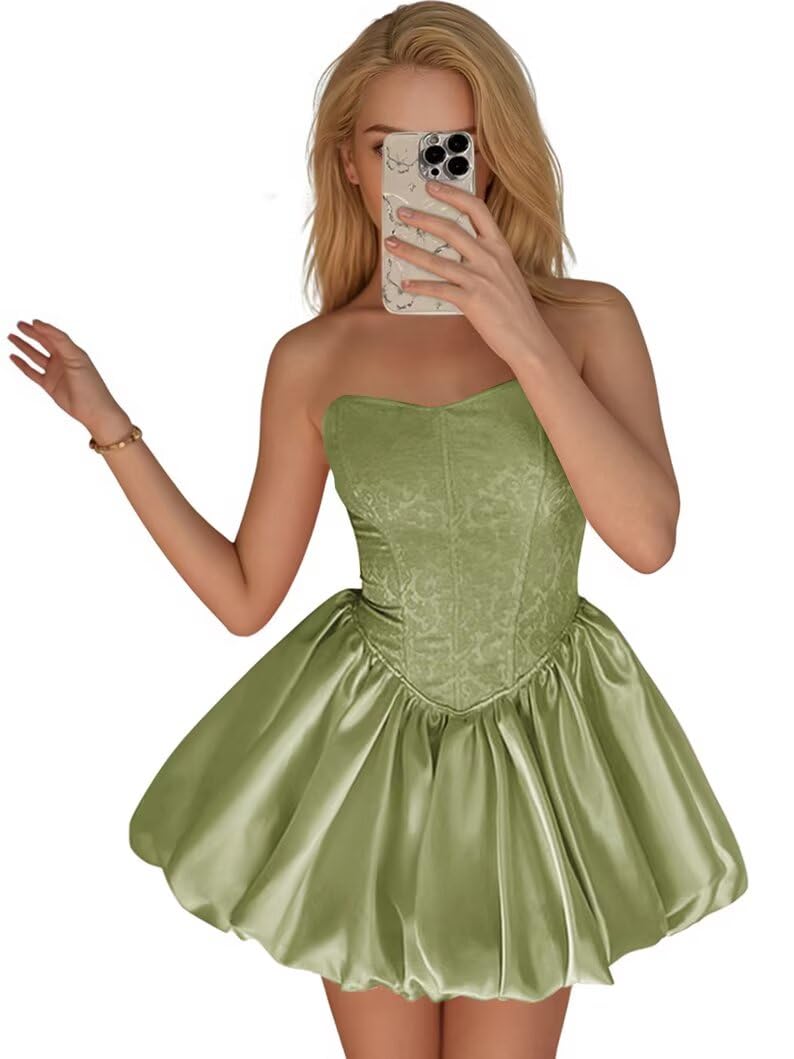 Strapless Satin Homecoming Dresses for Teens Jacquard Short Prom Dress A-line Cocktail Party Gowns with Pockets