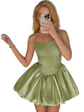 Strapless Satin Homecoming Dresses for Teens Jacquard Short Prom Dress A-line Cocktail Party Gowns with Pockets