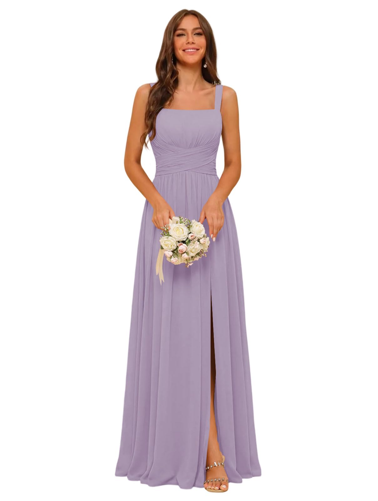 Square Neck Bridesmaid Dress Spaghetti Straps Chiffon Long Formal Dress for Women