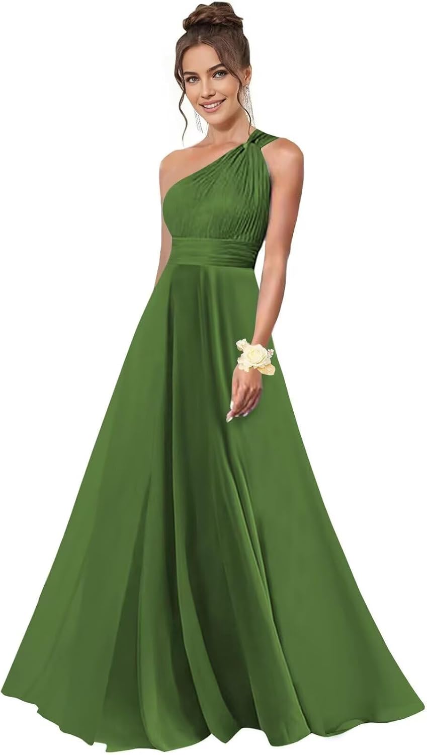 One Shoulder Bridesmaid Dresses for Women Chiffon A Line Pleated Long Formal Gowns with Pockets