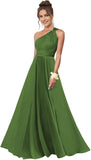 One Shoulder Bridesmaid Dresses for Women Chiffon A Line Pleated Long Formal Gowns with Pockets