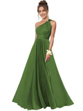 One Shoulder Bridesmaid Dresses for Women Chiffon A Line Pleated Long Formal Gowns with Pockets