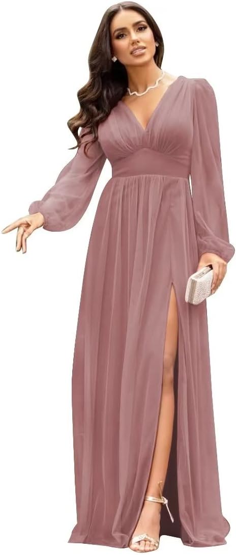 Vestidos de dama de honor de manga larga para boda, vestido formal con escote en V y abertura en gasa, vestido de fiesta
