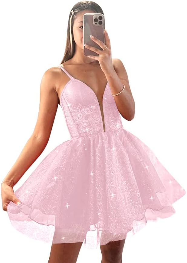 Glitter Tulle Homecoming Dresses for Teens Spaghetti V Neck Short Prom Dresses A Line Mini Cocktail Party Gowns