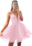 Glitter Tulle Homecoming Dresses for Teens Spaghetti V Neck Short Prom Dresses A Line Mini Cocktail Party Gowns