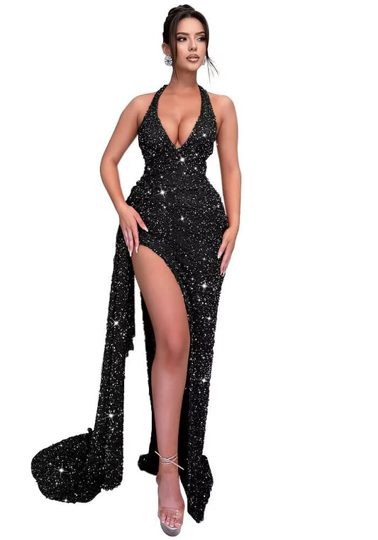 Sparkly Sequin Halter Prom Dresses for Women Mermaid Formal Dress with Slit Backless Ruched Evening Party Gowns