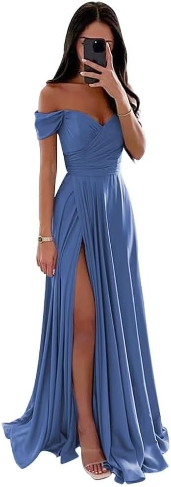 Women's Off Shoulder Satin Bridesmaid Dresses Long Ruched Mermaid Formal Dresses with Slit