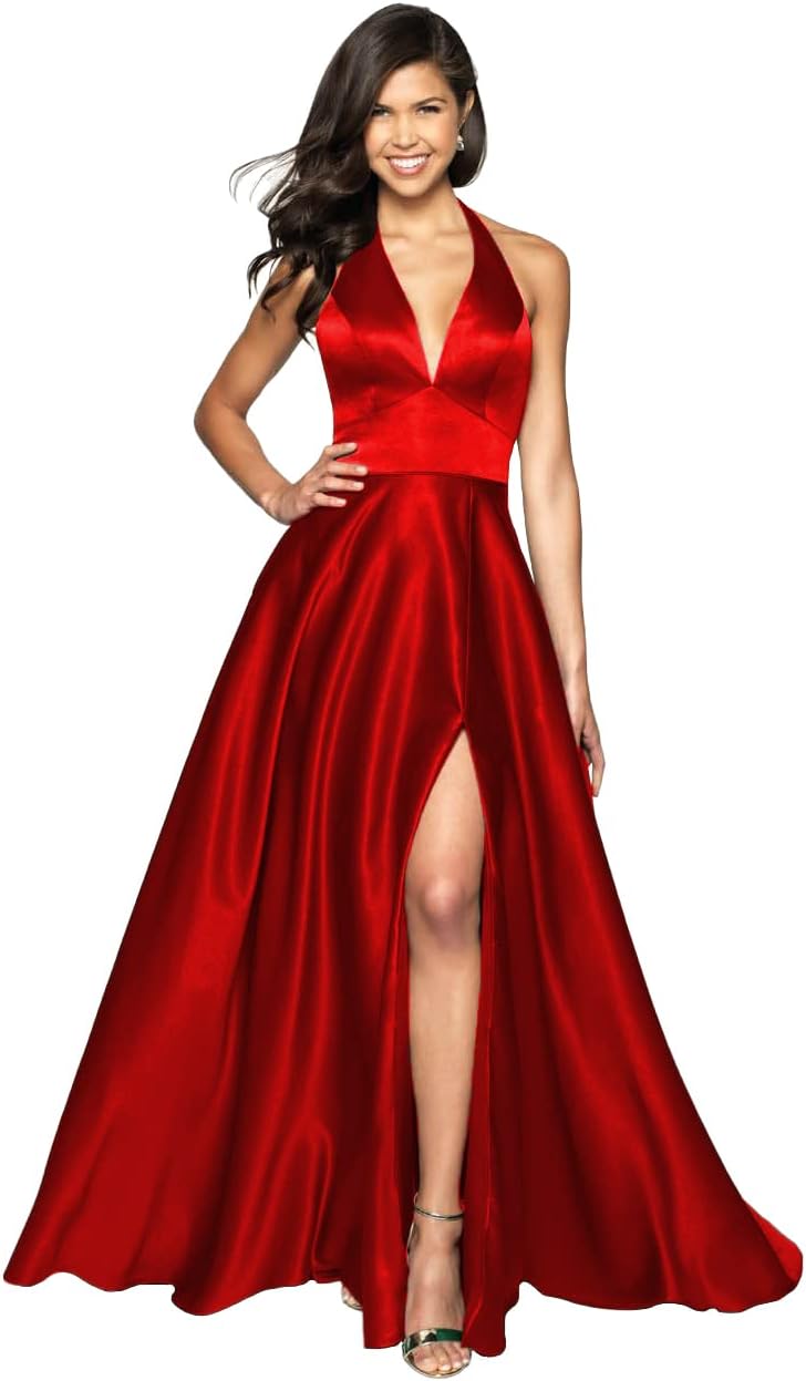 Womens Satin Prom Dresses Long with Slit Halter Evening Formal Gowns for Women with Pockets