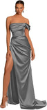 One Shoulder Mermaid Bridesmaid Dresses with Slit 2025 Pleats Satin Formal Evening Gowns for Women