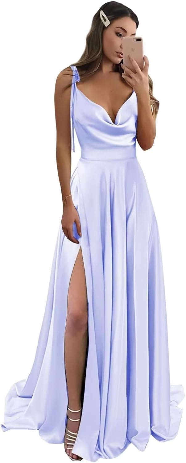 Vestidos de fiesta largos de satén con abertura alta para mujer, 2024, tirantes finos ajustables, vestidos de fiesta formales con bolsillos 