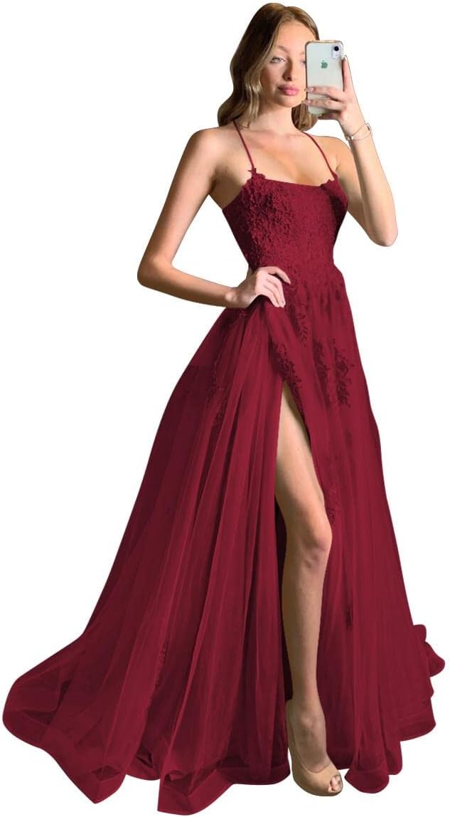 Women's Lace Criss-Cross Prom Dresses with Slit Spaghetti Straps Long Formal Evening Gowns