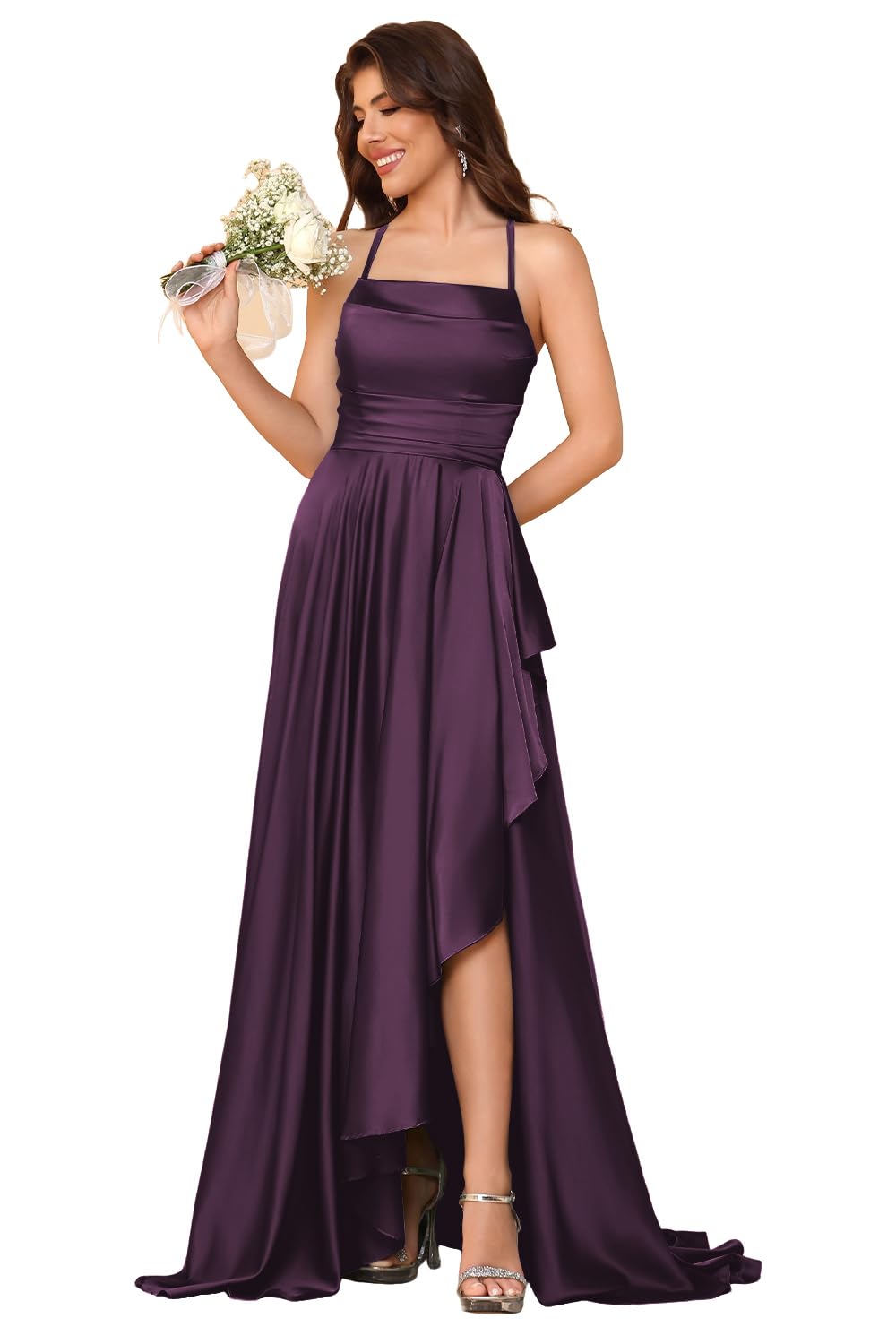 Women's Long Satin Bridesmaid Dresses Spaghetti Strap Halter Formal Evening Gown Ruffle High Low Wedding Guest Dress