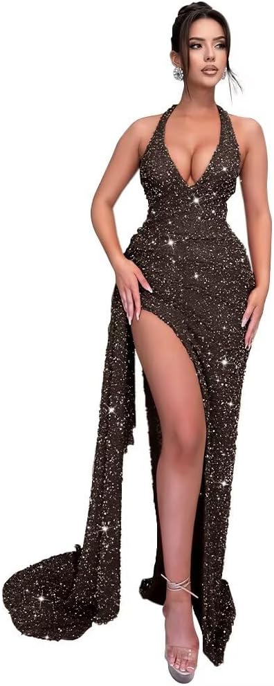 Sparkly Sequin Halter Prom Dresses for Women Mermaid Formal Dress with Slit Backless Ruched Evening Party Gowns