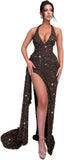 Sparkly Sequin Halter Prom Dresses for Women Mermaid Formal Dress with Slit Backless Ruched Evening Party Gowns