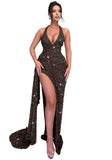 Sparkly Sequin Halter Prom Dresses for Women Mermaid Formal Dress with Slit Backless Ruched Evening Party Gowns