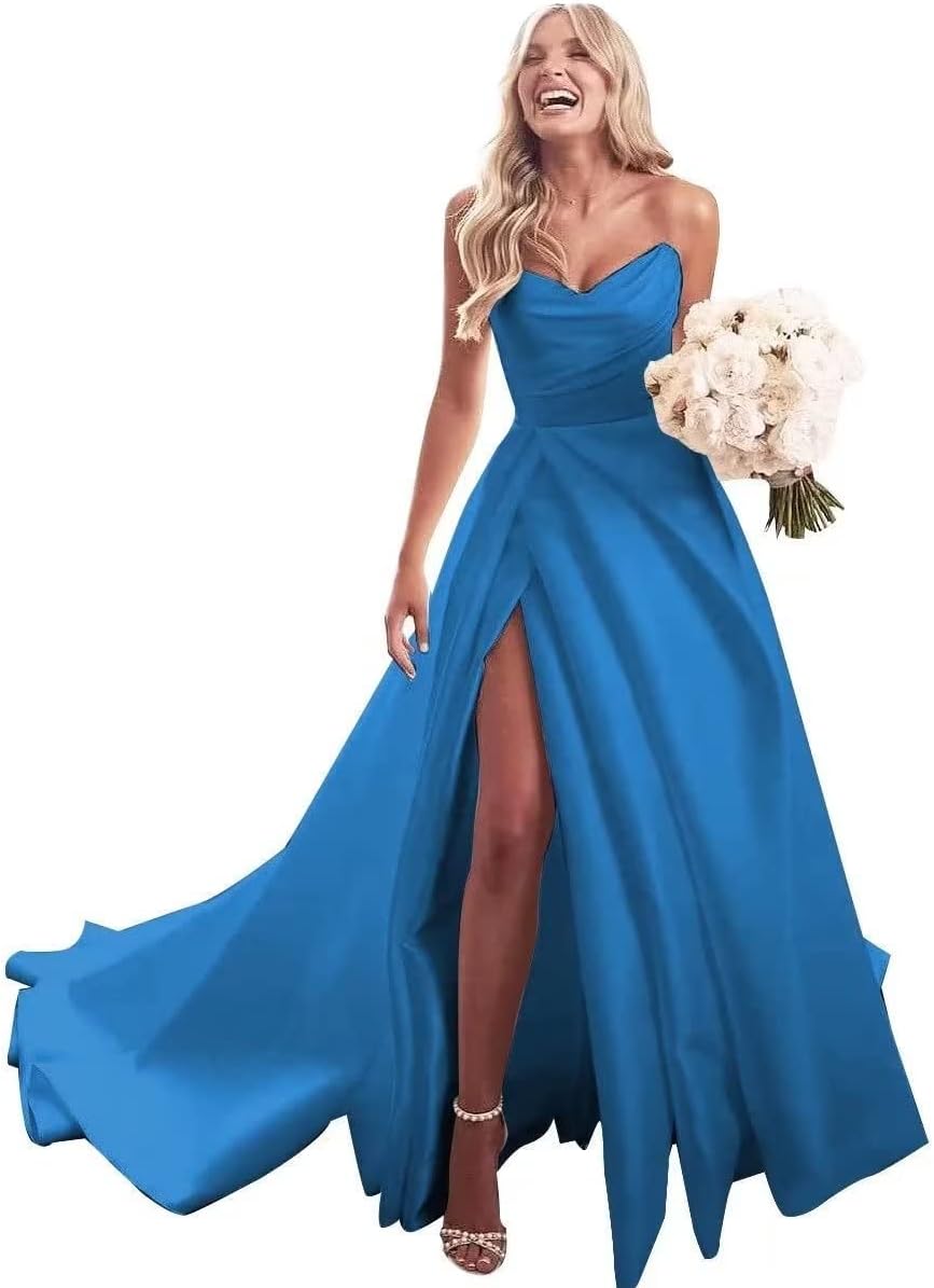 Trägerloses Ballkleid, langes Ballkleid, Satin-Brautkleid für die Braut, A-Linie, formelle Abendkleider mit Schlitz 