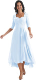 Women's Tea Length Mother of The Bride Dresses for Wedding Short Sleeves Lace Applique Formal Evening Prom Gowns