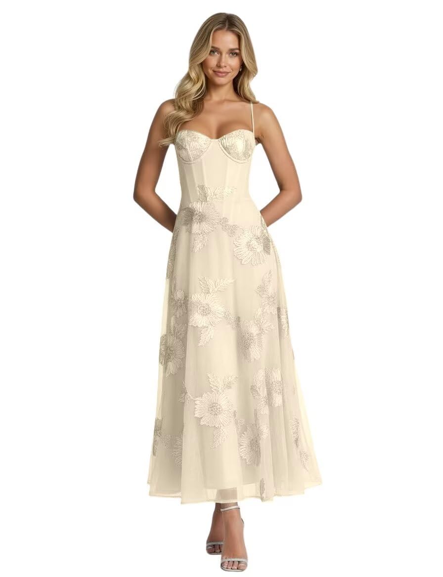 Jacquard Tulle Prom Dresses Spaghetti Straps Formal Evening Party Dress Tea Length